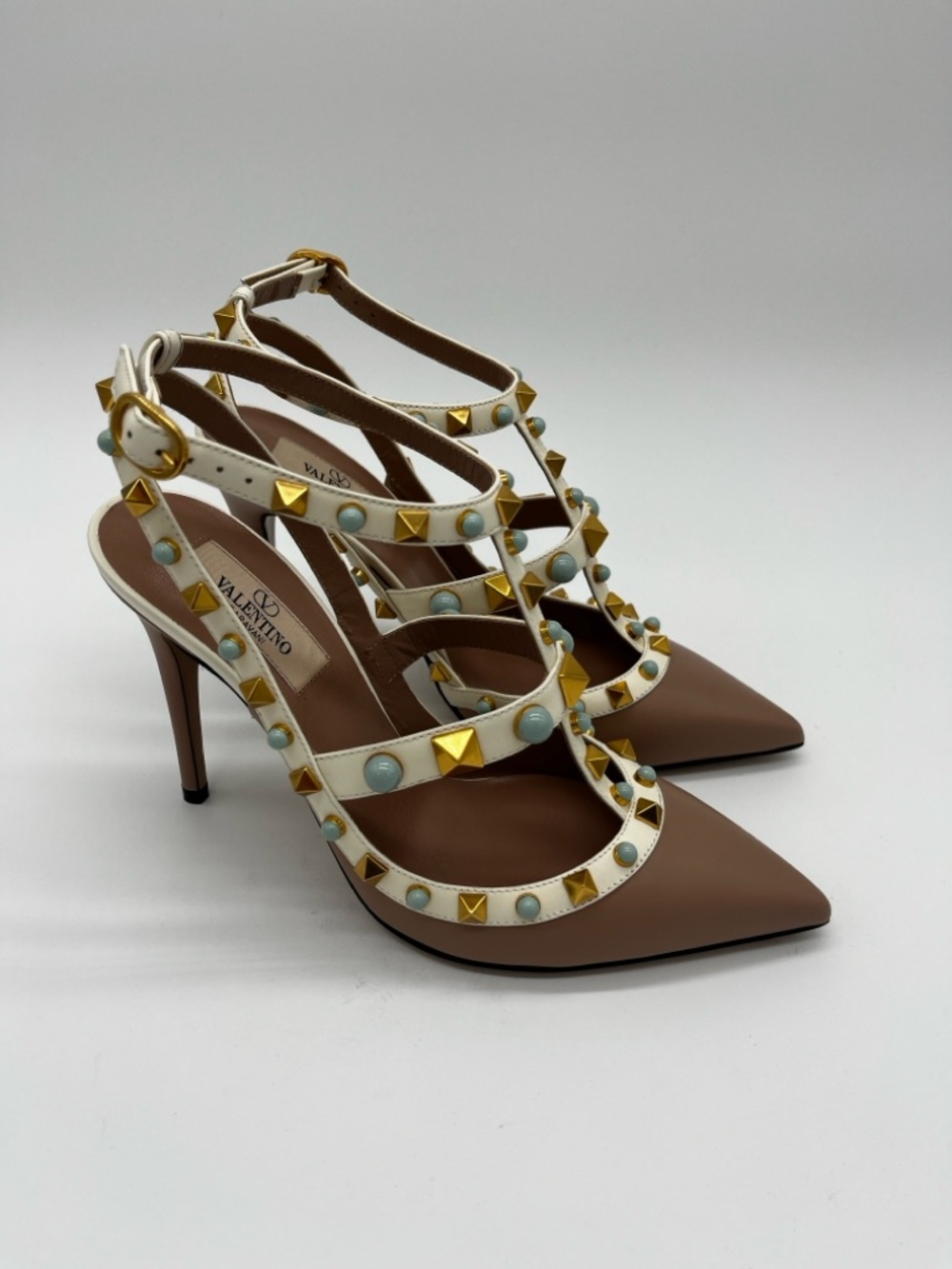 Valentino Garavani Rockstud Embellished Pumps Nude White Turquise - 37.5 US 7.5 - Picture 8 of 14